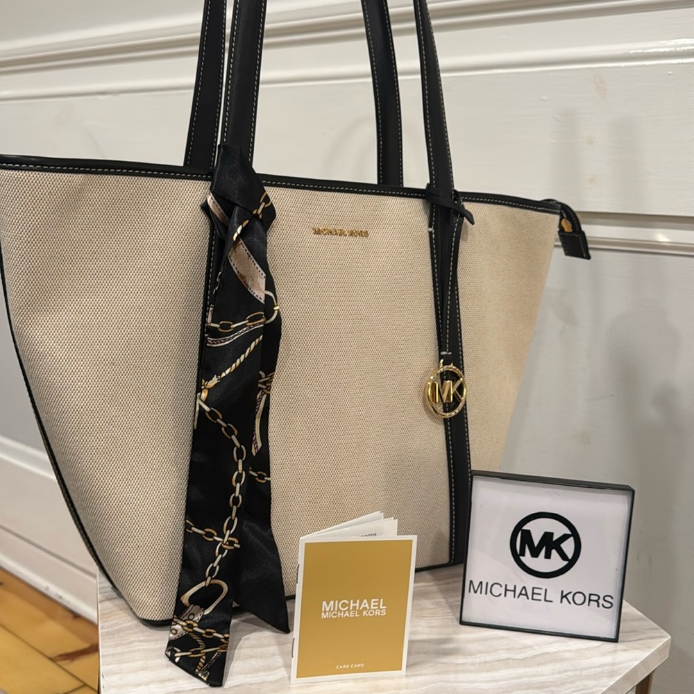 Michael Kors Bag Large Canvas Leather Trimmed  Cream and Black Colorblock Tote